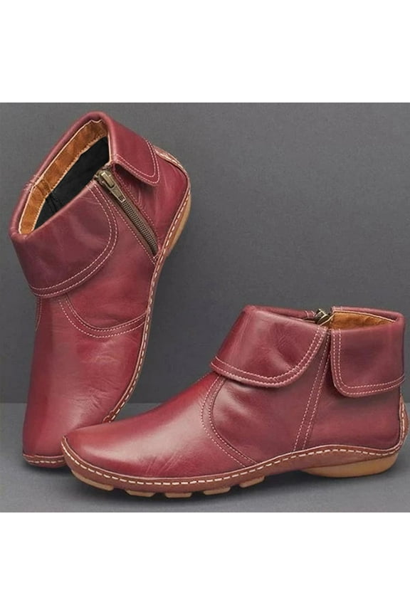 Boots for Women Women's Casual Flat Retro Zipper Boots Side Zipper Round Toe Shoe Boots Red 8.5(41)