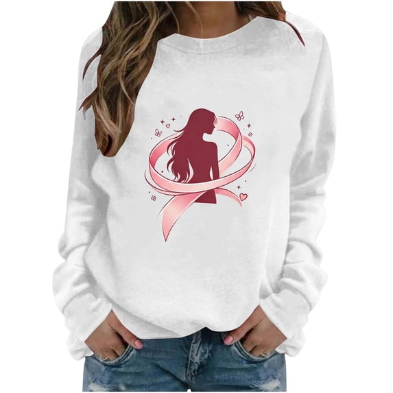 SBYOJLPB Breast Cancer Awareness Long Sleeve T-Shirt for Women Round Neck Inspirational Tee Shirts Tops