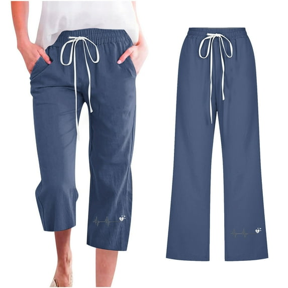 SBYOJLPB Capri Pants for Women Capris Pants for Women Casual Summer Cotton Linen 3/4 Pants Wide Leg Capris Lightweight Baggy Cropped Lounge Trousers Navy 14(XXXL)