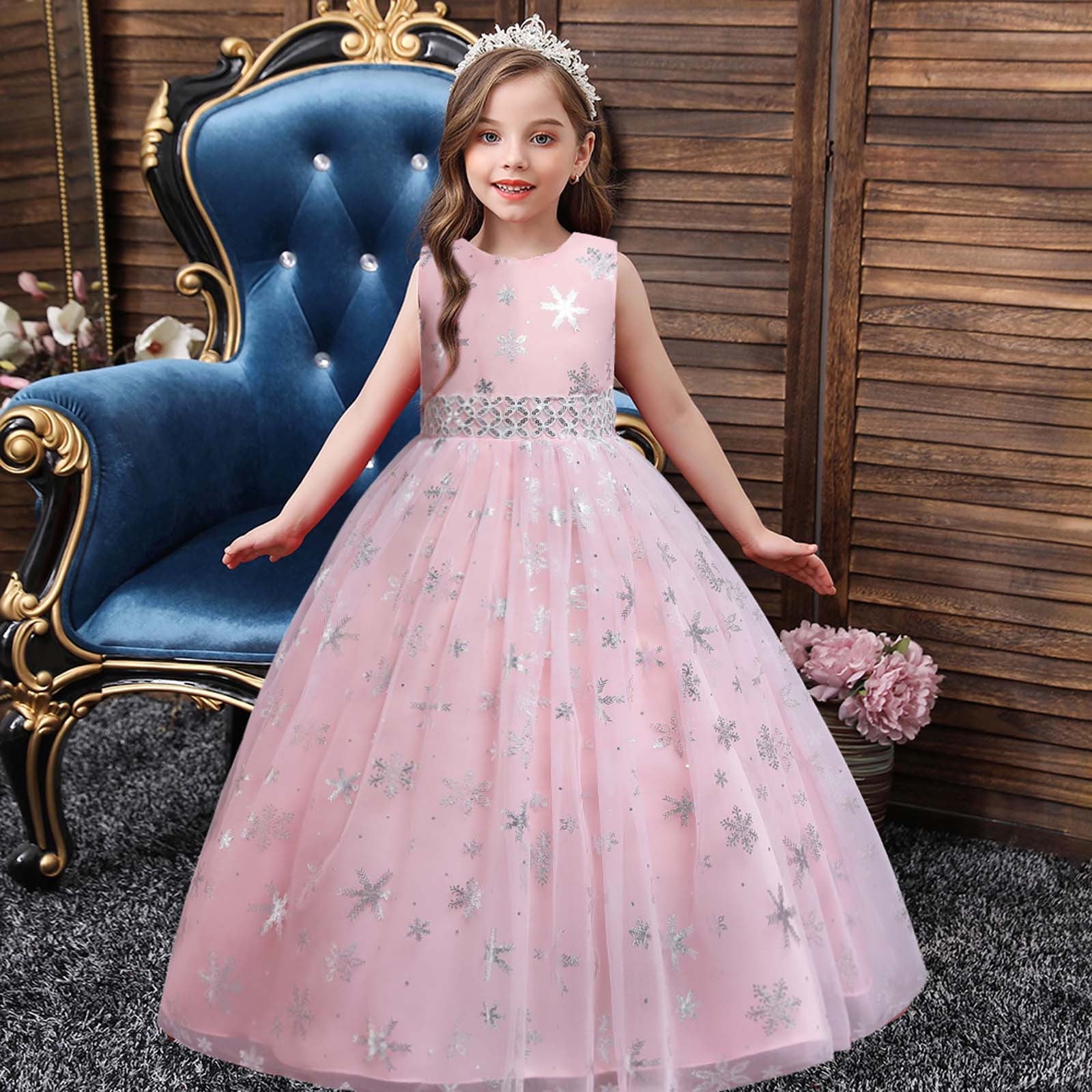SBYOJLPB Children Dress Girl No Sleeve Princess Dress Snowflake Pattern Printed Net Yarn Long Dress Canonicals Reduced Price Pink 13 14 Years
