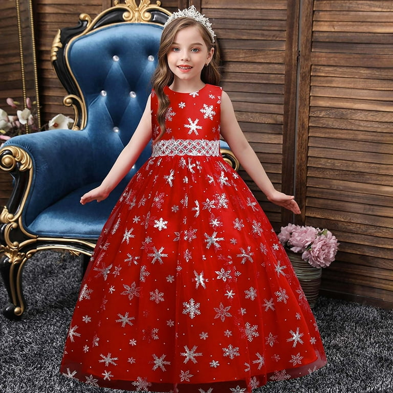 SBYOJLPB Children Dress Girl No Sleeve Princess Dress Snowflake Pattern Printed Net Yarn Long Dress Canonicals Reduced Price Red 11 12 Years