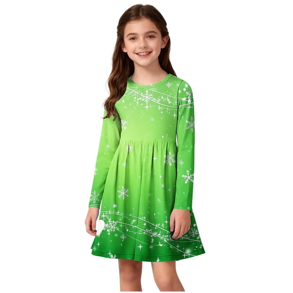 SBYOJLPB Children's A Line Dress Twirly Skater Dress St. Patrick's Day Printed Long Sleeve Stretchy School Recital Dresses Round Neck​