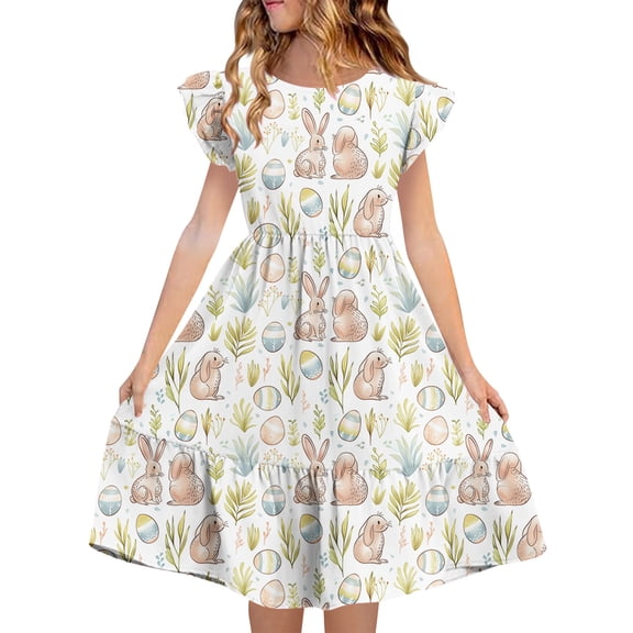 SBYOJLPB Children's Easter Summer Dress with Short Sleeve Double Layer Pleated Sleeves Round Neck Sundress for 5 to 14 Year Olds​