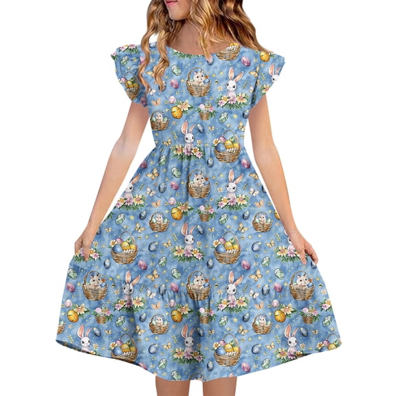 SBYOJLPB Children's Round Neck Sundress Easter Printed Summer Dress with Double Layer Pleated Sleeves Short Sleeve for Ages 5-14​