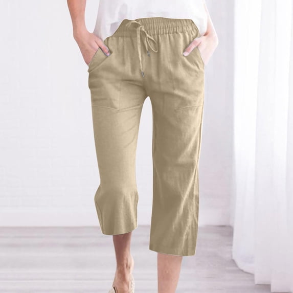SBYOJLPB Cotton Linen Capri Pants for Women Fall Casual Capris Drawstring Elastic High Waist Pant Leg Cropped Trouser Khaki 6(M)