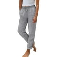 thumbnail image 1 of SBYOJLPB Cotton Linen Pants for Women Striped Print Drawstring Elastic Waist Straight Leg Casual Pants, 1 of 5