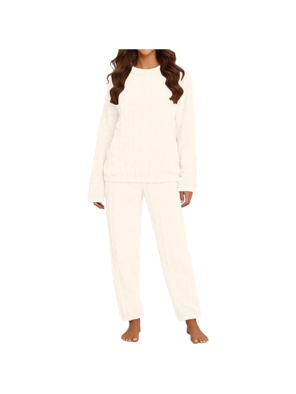 Cozy Pajamas Sets for Women Solid Color Long Sleeve Round Neck Tops and Loose Pants Winter Set