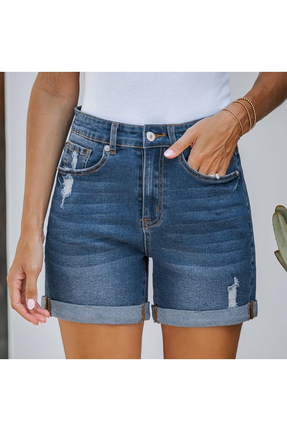 Denim Shorts for Women Mid Rise Ripped Jean Shorts Stretchy Folded Hem Hot Short Jeans Dark Blue 8(L)