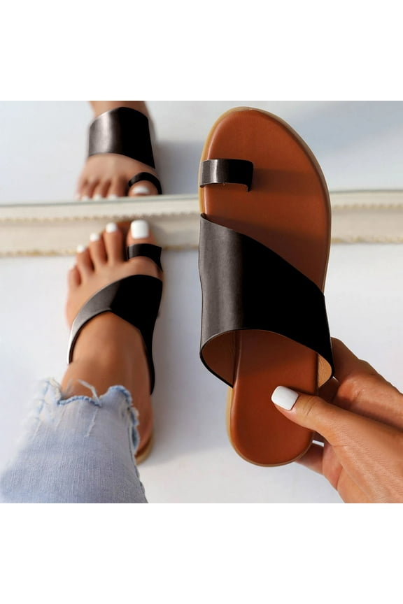 Fashion Minimalist Flat Thong Toe Ring Wide Fit Sandals Black 4.5(35)