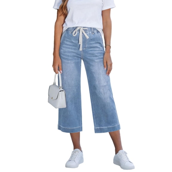 SBYOJLPB Fashion Women Capris Pants Casual High Waist Loose Cropped Trousers with Pocket Straight Solid Color Capris Pants Denim Jeans