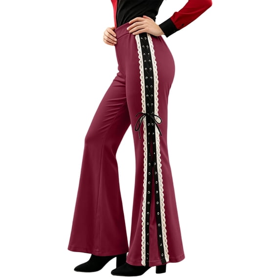 SBYOJLPB Flared Pants for Women Gothic Halloween Side Lace Decoration Bell-Bottoms Trousers