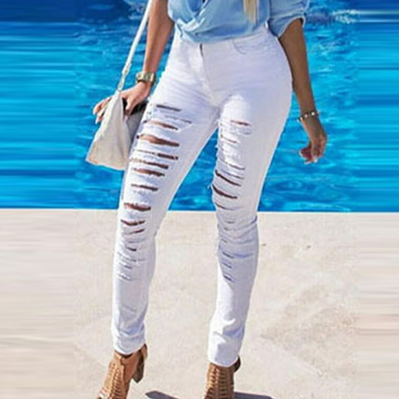 SBYOJLPB Flash Deals Up to 65% off！Women Slim Plus Size Ripped Hole Color Long Regular Pants White 8(L)