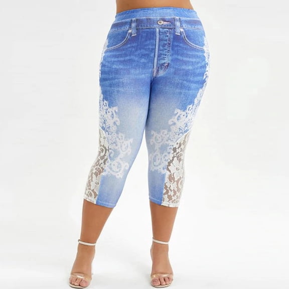 SBYOJLPB Womens Pants Fashion Women Plus Size Lace Printing Splice Elastic Hight Waist Casual Leggings Pants