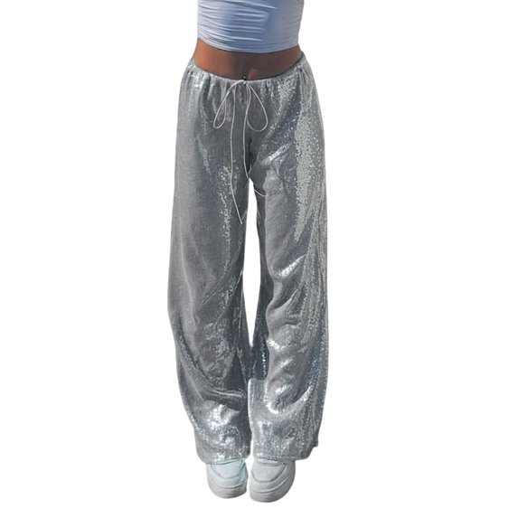 SBYOJLPB Full Length Pants for Womens Fashion Solid Color Sequin Drawstring Casual Elastic Waist Long Pants