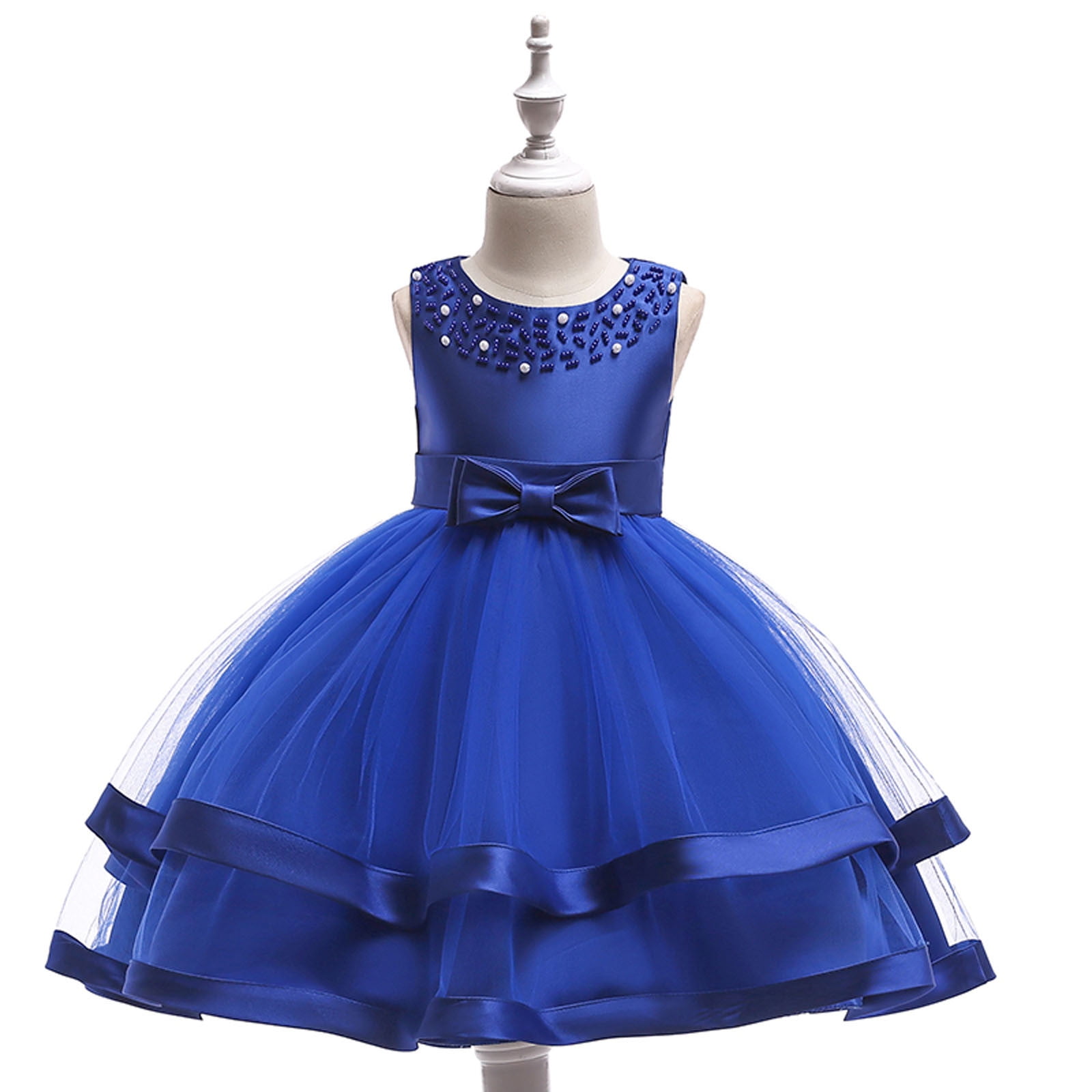 SBYOJLPB Girls Clothing Toddler Girls Solid Color Pearl Net Yarn Bowknot Birthday Party Flowers Gown Kids Dresses Reduced Price Blue 6 7 Years Walmart