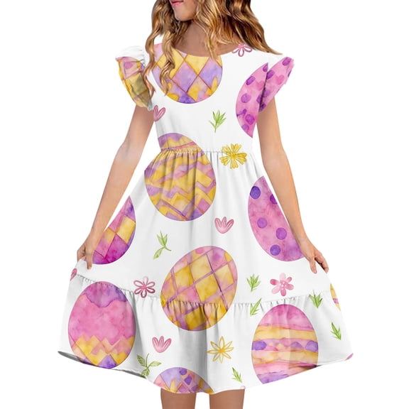SBYOJLPB Girls Dress with Double Layer Pleated Sleeve Easter Printed Summer Dress for Children Short Sleeve Round Neck Sundress for Ages 5-14​