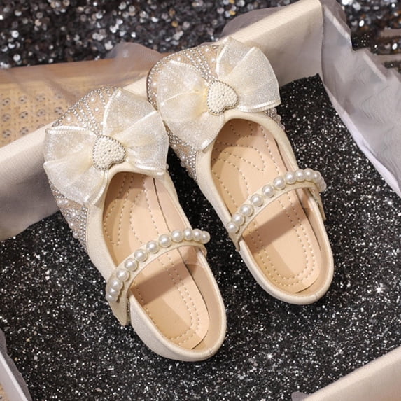SBYOJLPB Girls' Glitter Mary Jane Dress Shoes Satin Bow with Crystal and Pearl Accents Children Princess Shoes Crystal Flower Shoes Kids Leather Shoes