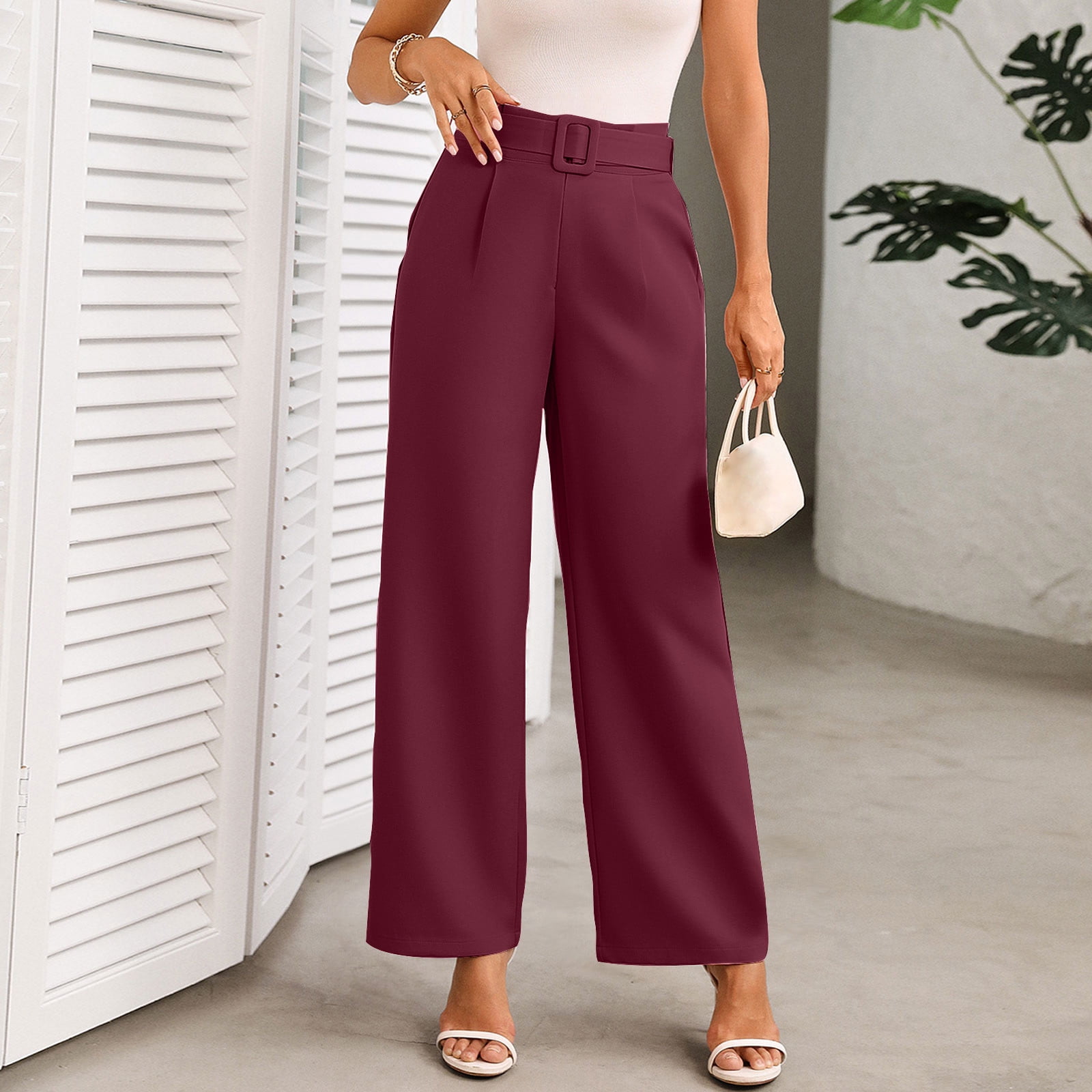 SBYOJLPB Women Casual Trousers High Waisted Loose Straight Leg Stylish Pants Suit Pants Wine 4 S