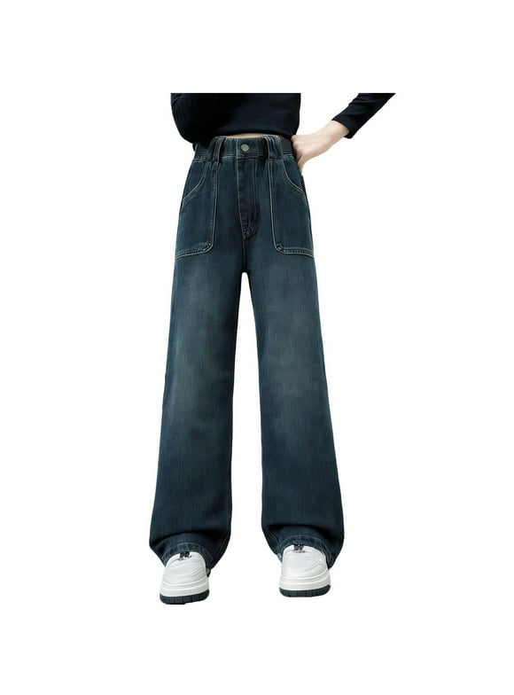 Girls Solid Color High Waist Jeans Childrens Loose Straight Wide Leg Denim Long Pants Kids Casual Trousers with Pocket