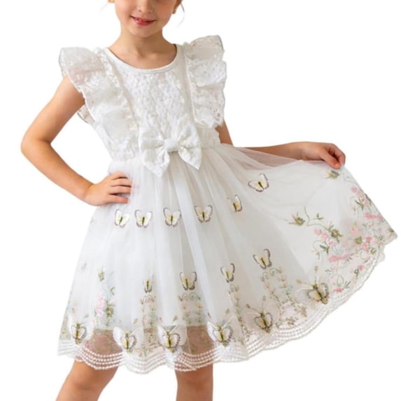 SBYOJLPB Girls' Summer Dress Sleeveless Ruffled Round Neck Lace Embroidery Mesh Princess Bow Skirt Casual Sundress