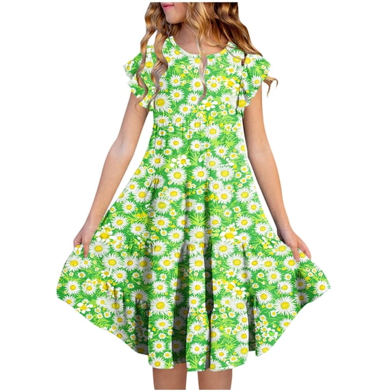 SBYOJLPB Girls' Summer Flower Print Dress Short Sleeve Round Neck with Ruffled Pockets Kids Sundress