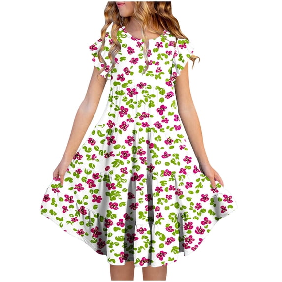 SBYOJLPB Girls' Summer Flower Print Kids Dress Short Sleeve Round Neck with Ruffled Pockets Sundress