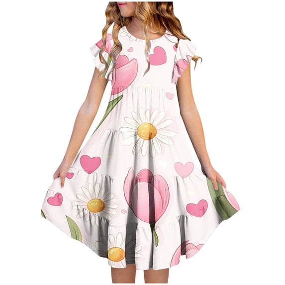 SBYOJLPB Girls' Summer Flower Sundress Short Sleeve Round Neck with Ruffled Pockets Print Dress for Kids