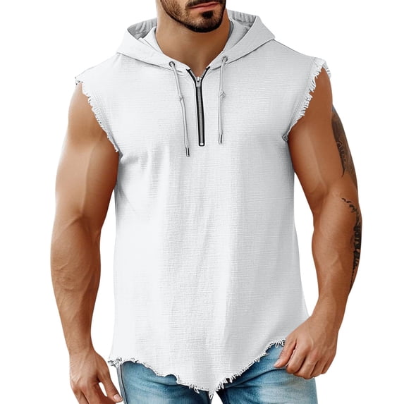 SBYOJLPB Hooded Sleeveless Top Men's Linen Shirt Sleeveless Hooded Plain Color Classic Quarter Zipper Casual Sports Solid Color Top