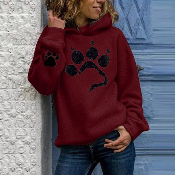 SBYOJLPB Hooded Sweatshirt Clearance Women'S Casual Paw Print Long-Sleeved Pullover Hooded Thin Fleece Sweater Rollbacks