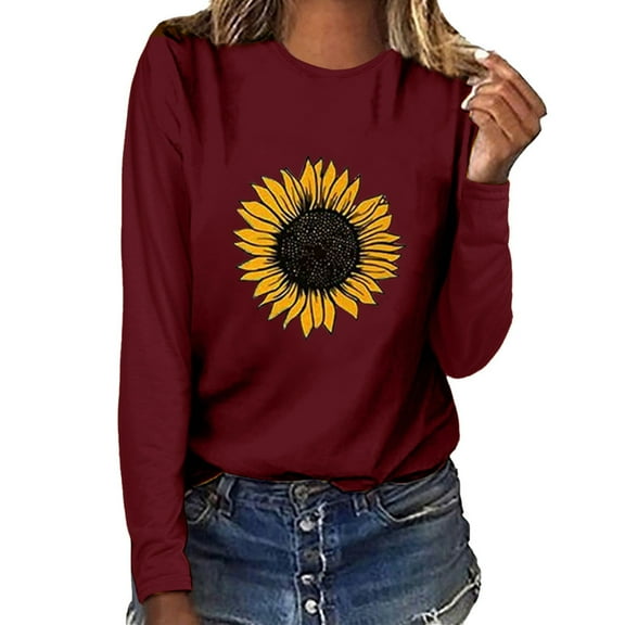 SBYOJLPB Hoodless Blouses Women Sunflower Print O-Neck Long Sleeve Top Pullover Sweatshirt T-Shirt Blouse
