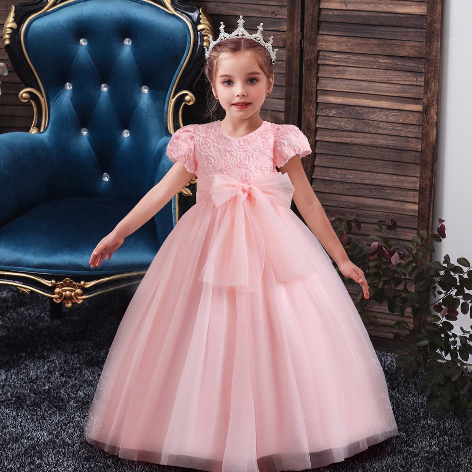 Kid Girl Sequined Bowknot Design Gradient Color Short-sleeve Mesh Princss Party Dress