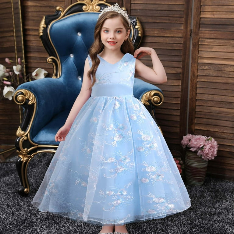 SBYOJLPB Kids Dress Girls Sleeveless Princess Dress Bow Tie Lace Flowers  Mesh Dress Tufted Dress Clearance Sky Blue 3-4 Years