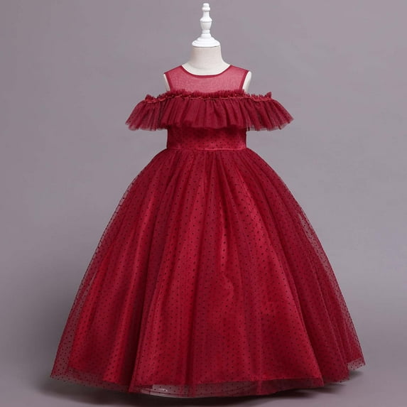 SBYOJLPB Kids Dress Sleeveless One Shoulder Princess Dress Flower Mesh Polka Dot Dress Wine 7-8 Years
