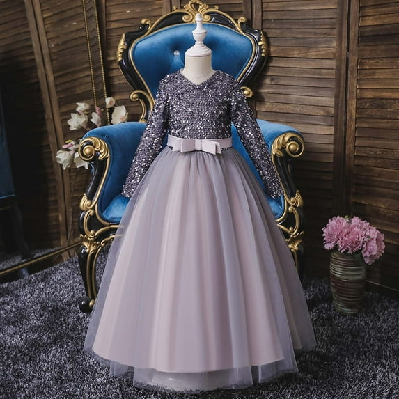 SBYOJLPB Children Dress Long Sleeve Princess Dress Long Sequin Dress Dress Reduced Price Gray 8-9 Years