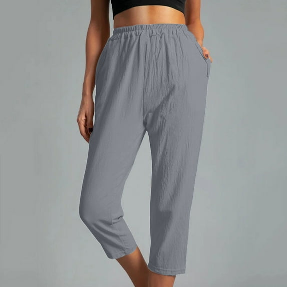 SBYOJLPB Ladies Capri Pants Women Casual Solid Color Pockets Elastic Waist Comfortable Straight Calf-Length Pants Gray 8(L)