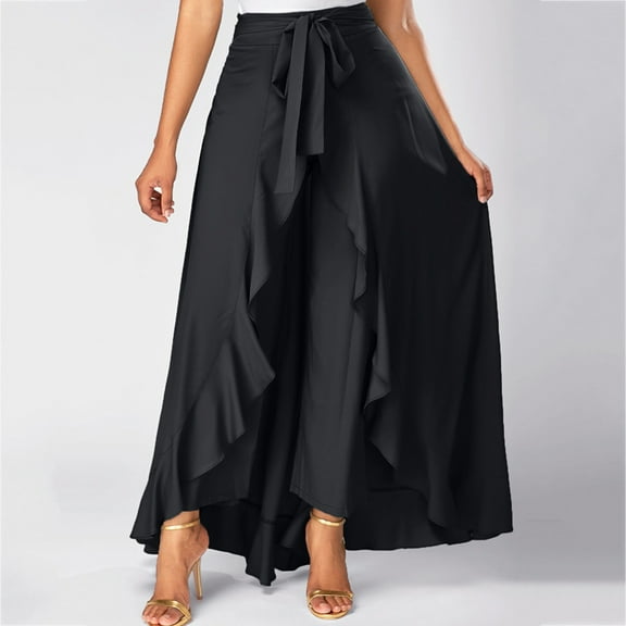 SBYOJLPB Long Skirts for Women,Women's Casual Hakama Irregular Leaf Bow High Waist Long Culottes Skirt Black 6(M)