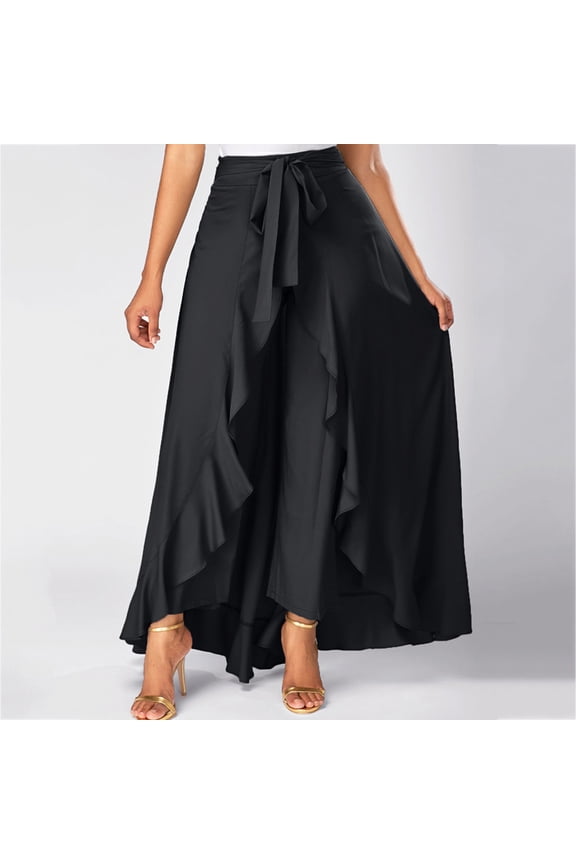 Long Skirts for Women,Women's Casual Hakama Irregular Leaf Bow High Waist Long Culottes Skirt Black 6(M)