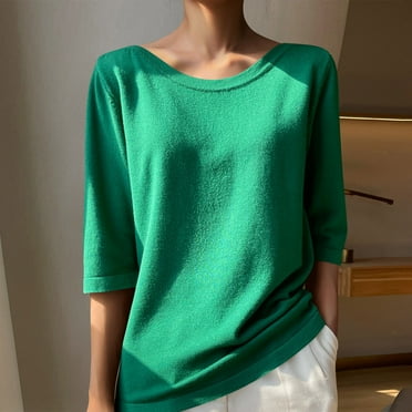 SBYOJLPB Long Sleeve Shirts for Women，Women'S 3/4 Sleeve Solid Color Knitted Casual Crew Neck Top Green 6(L)