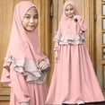thumbnail image 1 of SBYOJLPB Long Sleeve Solid Color Round Neck Dress Lace Turban Two Piece Muslim Children's Clothing Reduced Price Pink 4-5 Years, 1 of 9
