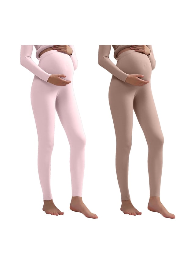Maternity 2PC Solid Color Base Layer Pants with Adjustable Waistband, Fall Winter Warm thermal Leggings for Pregnant Women, Soft and Stretchy Bottoms