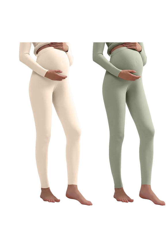 Maternity 2PC Solid Color Base Layer Pants with Adjustable Waistband, Fall Winter Warm thermal Leggings for Pregnant Women, Soft and Stretchy Bottoms