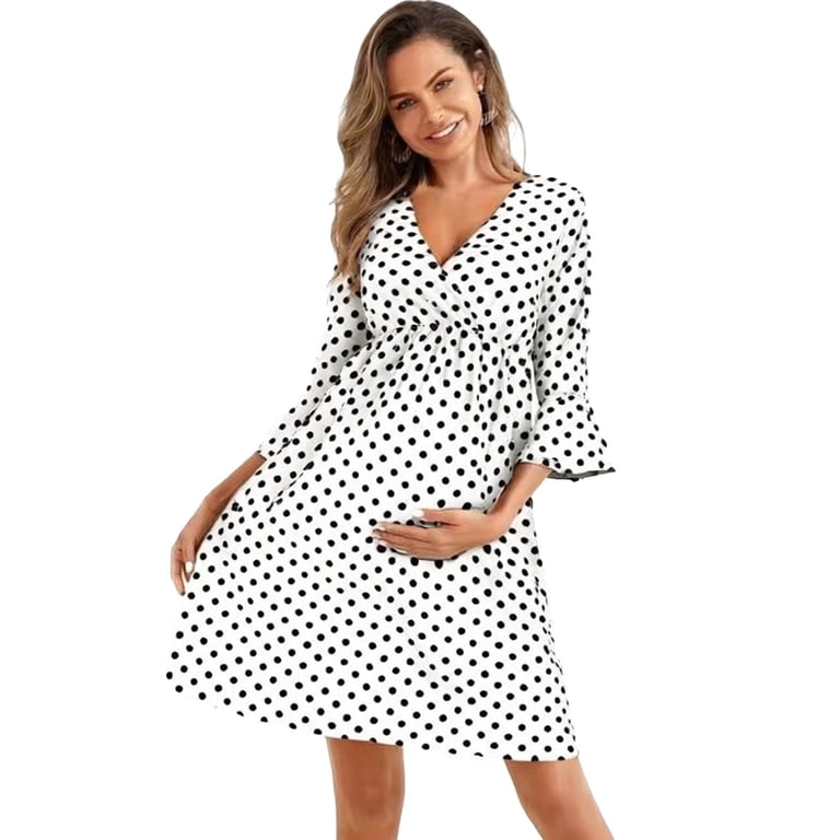 SBYOJLPB Maternity Dresses for Women Spring Fall Polka Dot 3/4 Sleeve V Neck Dress and Long Sleeve Knee Length Dress