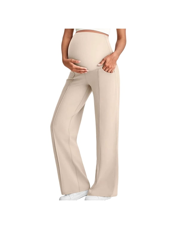 Maternity Pants for Women Fall Winter Fleece Lined High Waisted Wide Leg Pants with Belly Support Straight Leg Casual Pants