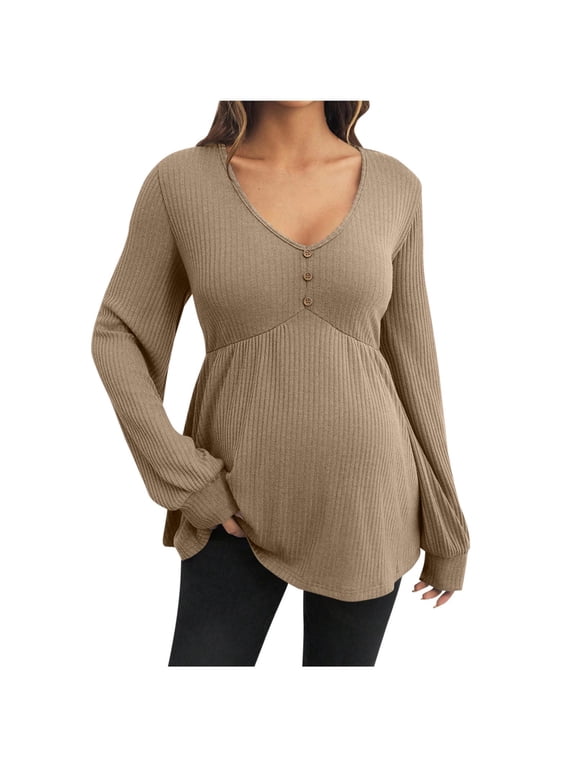 Maternity Solid Color V-Neck Long Sleeve Casual Top with Button Down Front, Stretchy Arc Hem Fitted Pullover for Pregnant Women