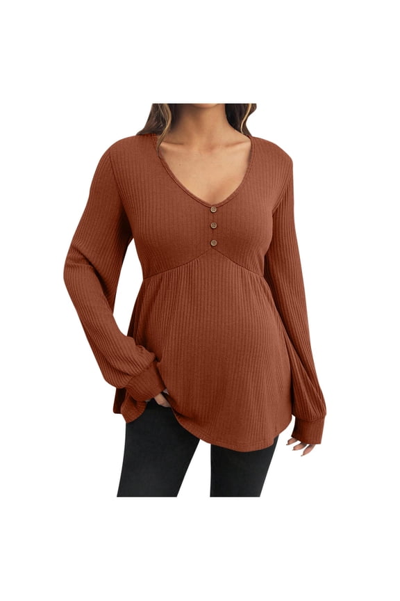 Maternity Solid Color V-Neck Long Sleeve Casual Top with Button Down Front, Stretchy Arc Hem Fitted Pullover for Pregnant Women
