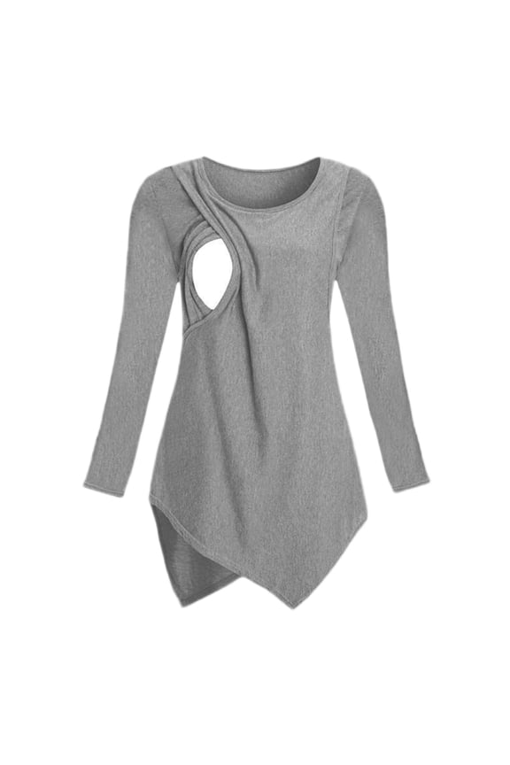 Maternity Solid Long Sleeve Ribbed Top with Side Drawstring for Pregnancy Round Neck Blouses Asymmetric Nursing Top