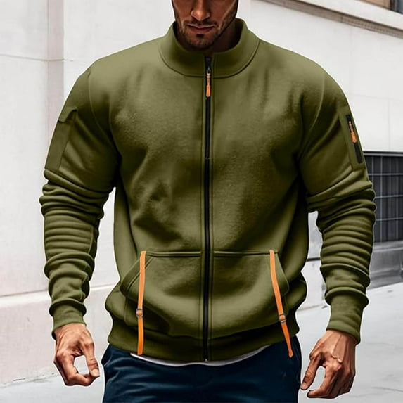 SBYOJLPB Men Fashion Solid Color Long Sleeve Stand Collar Sports Sweatshirt Multi Pocket Hoodie Jacket Casual Zipper Stand Collar Long Sleeve Shirt Army Green