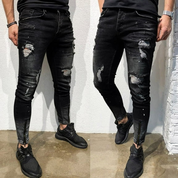 SBYOJLPB Men Pants Mens Skinny Stretch Denim Pants Distressed Ripped Freyed Slim Fit Jeans Trousers