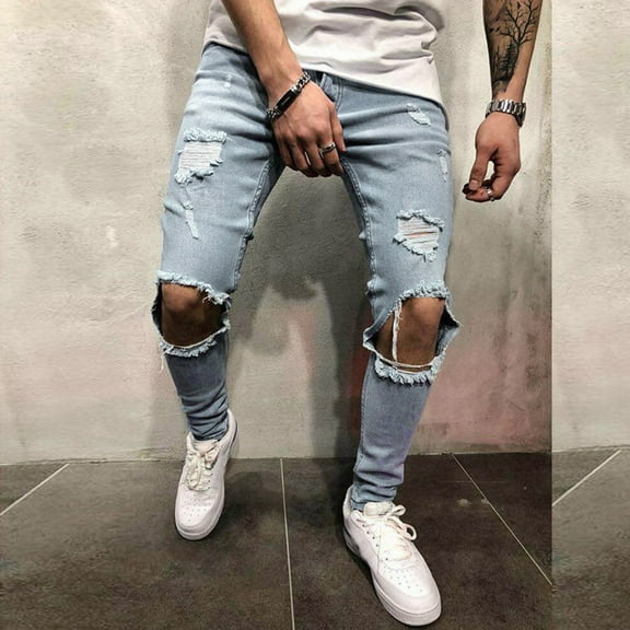 SBYOJLPB Men Pants Mens Skinny Stretch Denim Pants Distressed Ripped Freyed Slim Fit Jeans Trousers