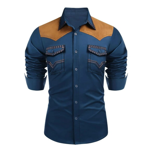 SBYOJLPB Men Plaid Shirt Casual Fashion Button Solid Color Patchwork Long Sleeve Western Cowboy Style Suede Shirt Collar Pocket Blouse Long Sleeve Blue